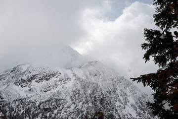 cold morning in the mountains in winter  with snow and blue skie