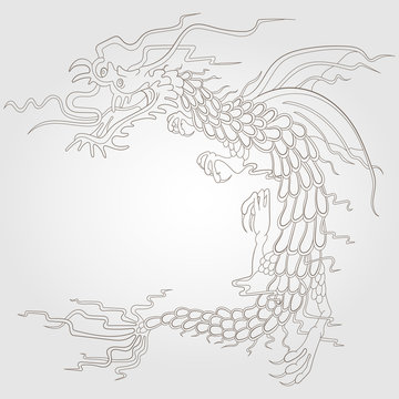 Contour illustration of a flying dragon, dark outline on a white background