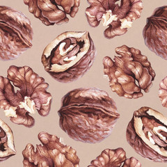 Seamless pattern with watercolor illustrations of walnuts