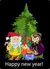 Christmas card with three gnomes, the symbol rooster and the Chr