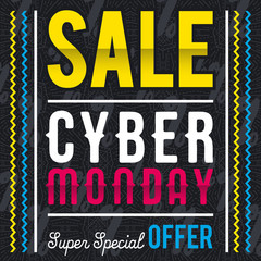 Cyber Monday sale banner on black patterned background, vector