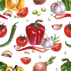 Seamless pattern with watercolor illustrations of vegetables