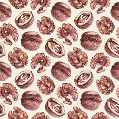 Seamless pattern with watercolor illustrations of walnuts