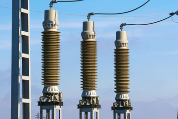 Obraz premium Part of electric power plant transformer station