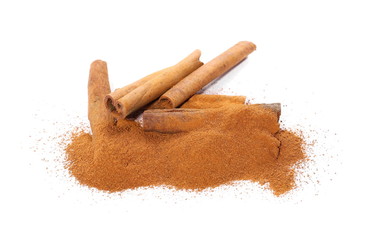 Cinnamon sticks and powder isolated on white background