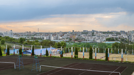 Evening view on the old center of city.  by sports grounds of the Belgorod State Technological University.  City skyline from the athletic fields of Belgorod State Technological University.