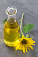 Jug sunflower oil with flower isolated