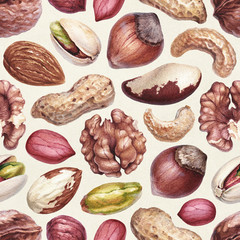 Seamless pattern with watercolor illustrations of nuts
