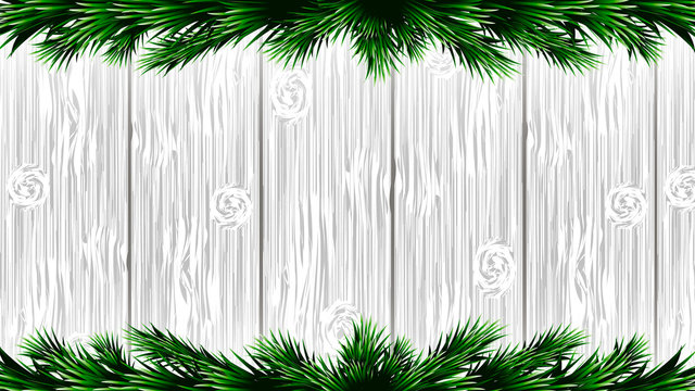 Christmas white wooden background with green fir branches. Vector illustration
