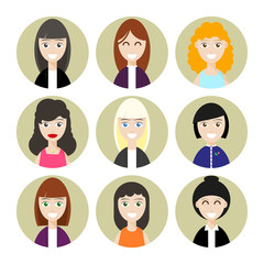 Women in circle avatars collection. Set of flat people face icons. Modern design character icons isolated on white background. Portrait avatar concept. Vector