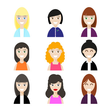 Women avatars collection. Set of flat people face icons. Modern design character icons isolated on white background. Portrait avatar concept. Vector