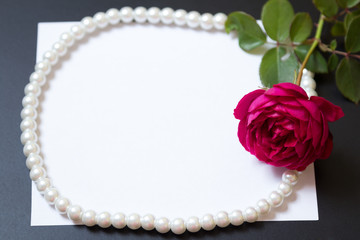 Beautiful red rose with pearls on blank white sheet paper