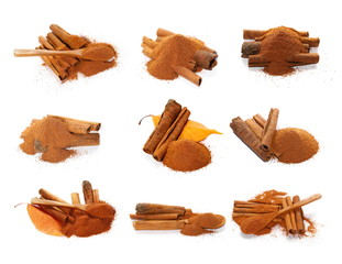 set cinnamon sticks and powder isolated on white background