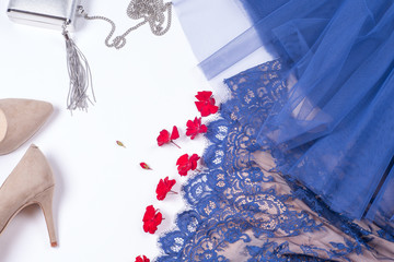 Naklejka premium Woman clothes and accessories. Soft blue colors female apparel.