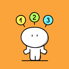 Cute funny confused man makes a choice from the options on the orange background. Make a decision - cartoon vector illustration.