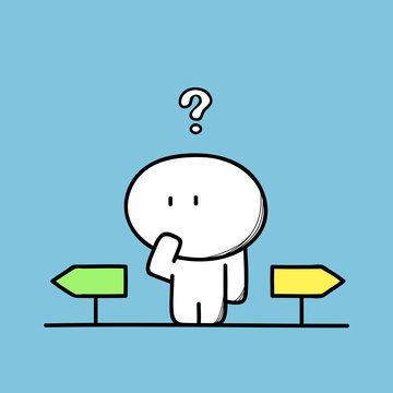 Cute funny man on the crossroad with question symbol on the yellow background. Choice or decision - cartoon vector illustration.