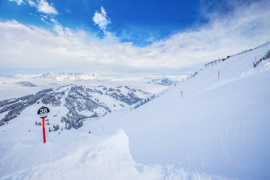 Tyrolian alps and ski slopes in Austria in famous Kitzbühel ski resort.