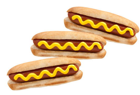 Three Hot Dogs classic with mustard isolated on a white background. American Fast Food.