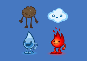 Cartoon characters representing the four elements; earth,air,water and fire. Vector illustration