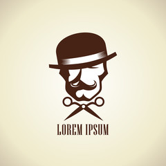 Barber logo concept with scissors and hipster man dressed in hat with a mustache
