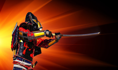 Samurai warrior with sword at sunset.