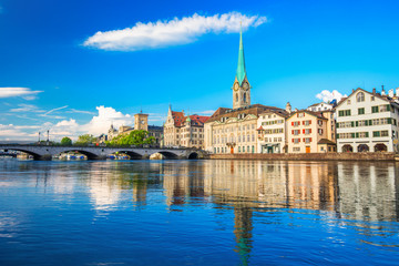 Fototapeta na wymiar Historic Zürich city center with famous Fraumünster Church, Limmat river and Zürich lake, Zürich, Switzerland