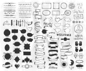 Hand drawn sketch elements on a paper, vector  illustration, doodle graphic line elements, vintage style ribbons, frames, dividers, brushes, silhouettes and phrases