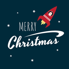 Vector retro styled greeting card with a text "Merry Christmas" and Santa Claus flying in a red space rocket. Square format, white text on a dark background.