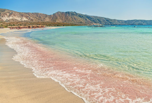 beach with pink sand and gentle surf of turquoise blue sea
