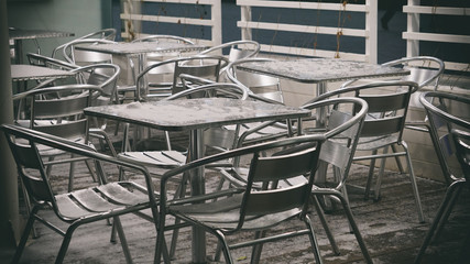 metal furniture, street cafés, metal chairs, metal table, winter