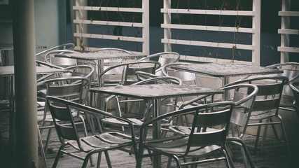 metal furniture, street cafés, metal chairs, metal table, winter