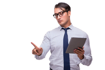 Businessman using his tablet computer isolated on white