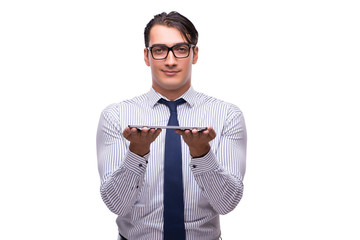 Businessman using his tablet computer isolated on white