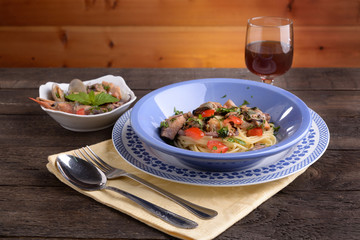 Plate of spaghetti with seafood and shellfish
