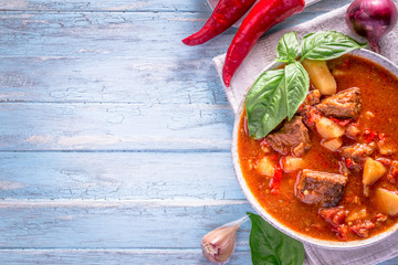 Hungarian goulash on cyan background with copy space - obrazy, fototapety, plakaty