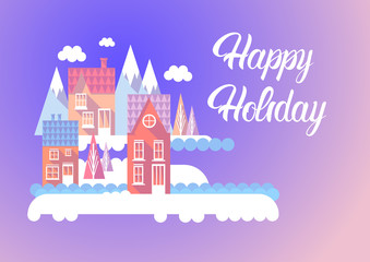 City Happy New Year Merry Christmas Holiday Greeting Card Banner Flat Vector Illustration