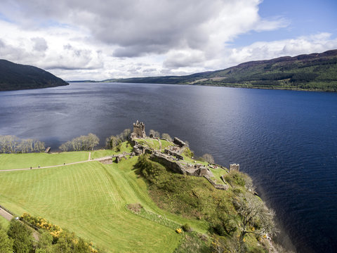 Famous Lake Loch Ness Aerial Shot Green Scotland United Kingdom