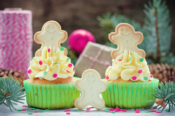 Delicious homemade cupcakes with decorations for Christmas