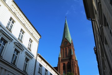 View to Spire of Schwerin Cathedral St. Mary and St. John in Schwerin, Mecklenburg Germany