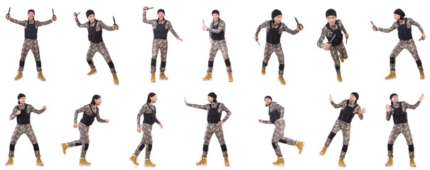 Soldier with knife isolated on white