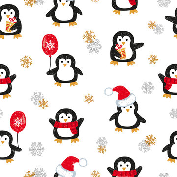 Cute Christmas penguins seamless pattern. Vector holiday background. 