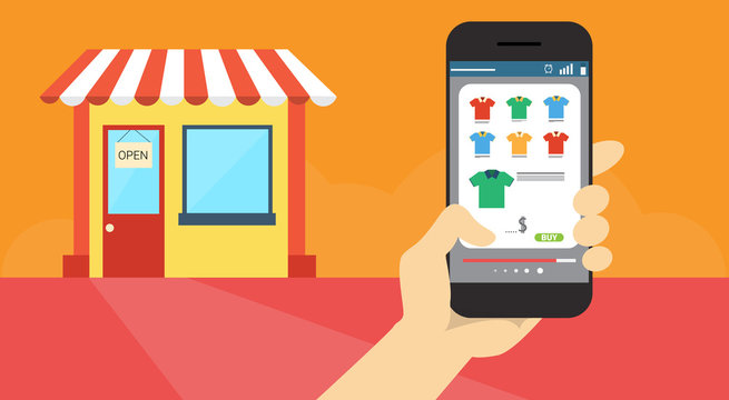 Hand Hold Cell Smart Phone Application Online Shopping Banner Flat Vector Illustration