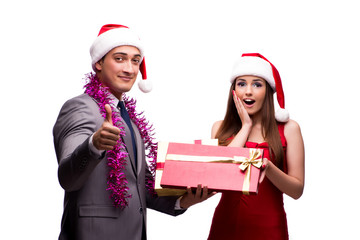 Pair celebrating christmas in the office isolated on white