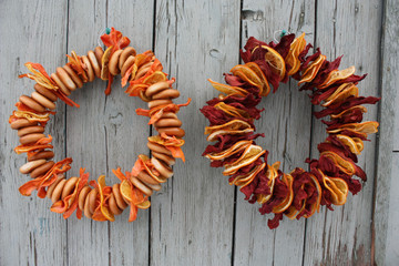 Wreaths of bagels and dried fruits