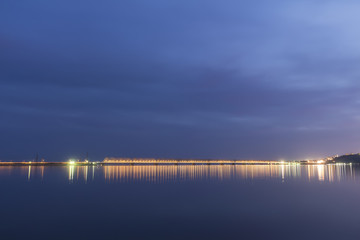 Sunset during blue hour over Volga River and Presidental Bridge, located in Ulyanovsk Russia