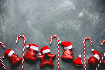 Christmas background candy cane, christmas tree, star, santa hat