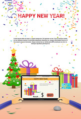 Decorated Workplace Laptop Computer Hands Using Typing Happy New Year Internet Christmas Sale Decoration Flat Vector Illustration