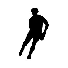 Running rugby player catching ball, vector silhouette