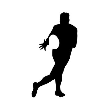 Running rugby player catching ball, vector silhouette