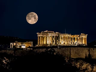 Papier Peint photo Athènes Parthénon d& 39 Athènes la nuit avec la pleine lune, Grèce